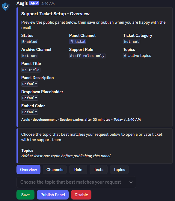 Aegis support ticket setup interface showing a live preview before publication